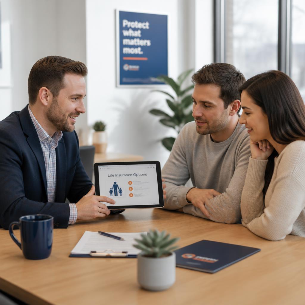 Licensed insurance agent explaining life insurance options to a young couple in a modern office