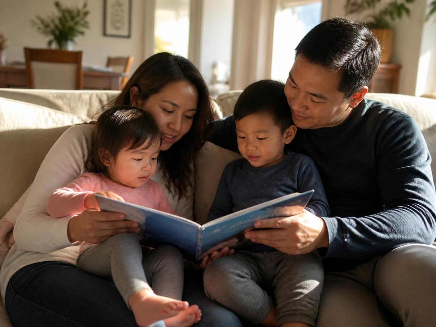 Parents reading a book with their two young children on a sofa